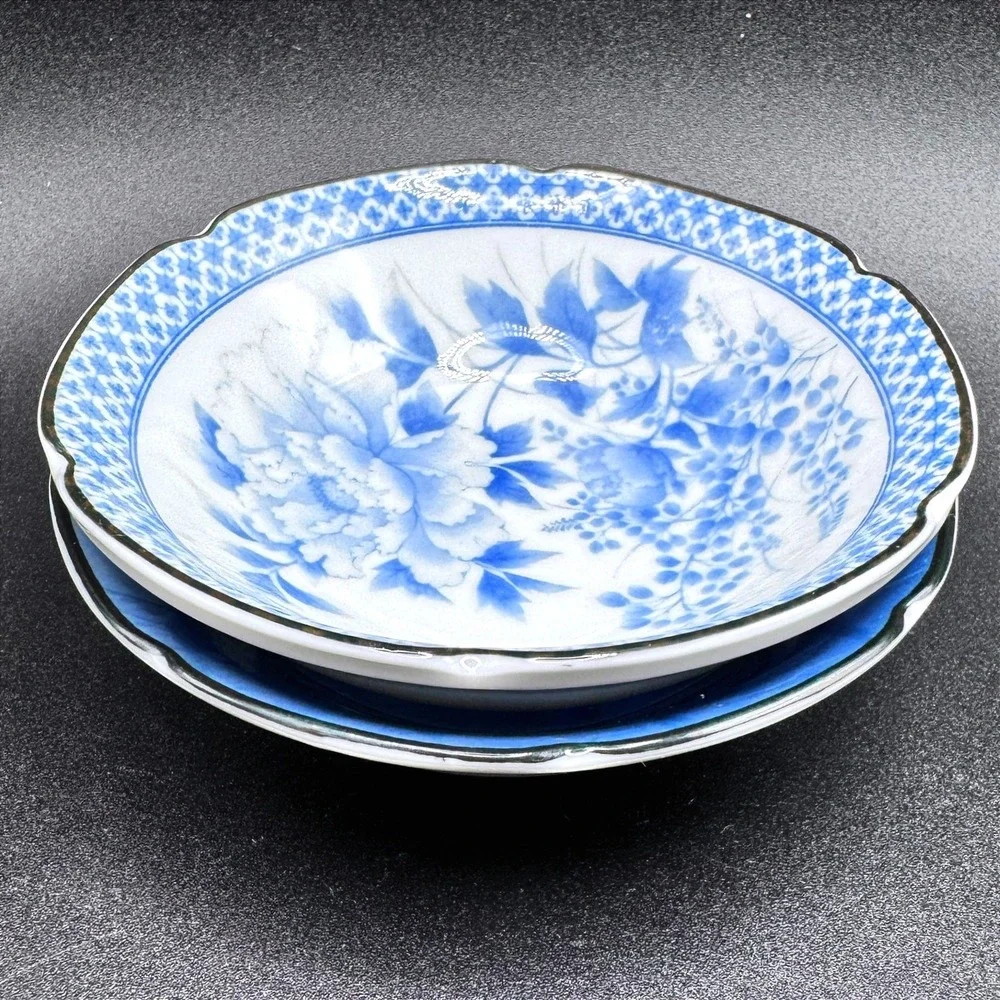 Takahashi San Francisco Blue White Floral‎ Porcelain Bowls Scalloped Vintage Set